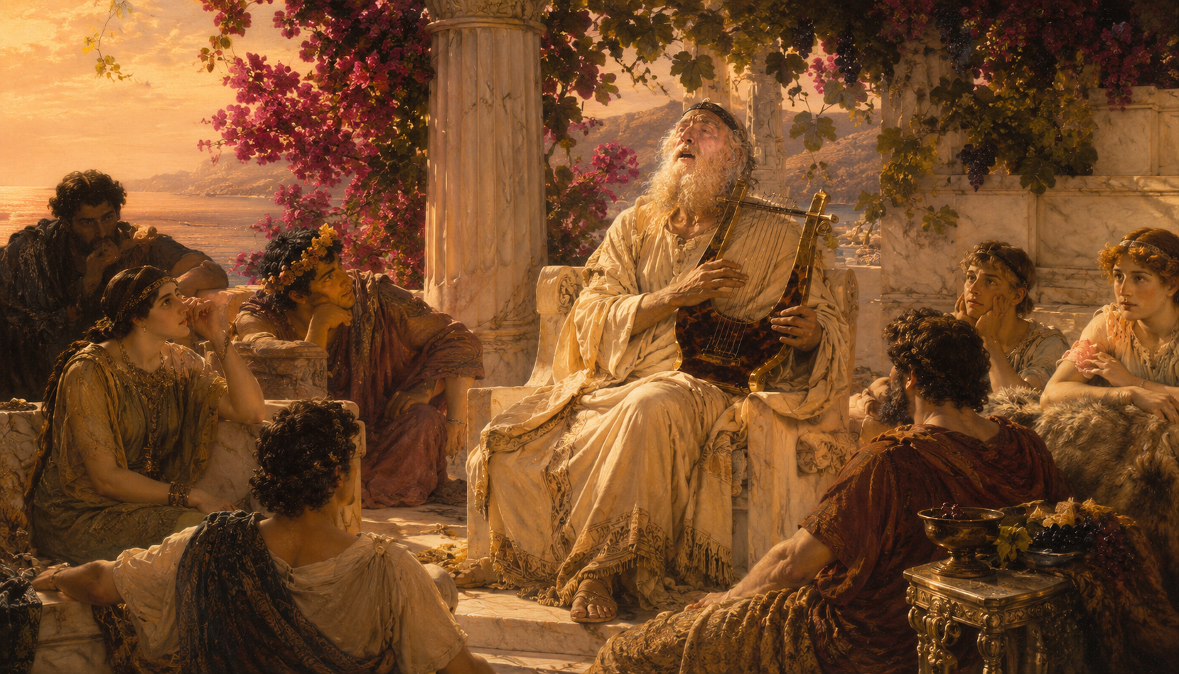 A blind bard recites epic poetry to a rapt audience in a sunlit Greek courtyard