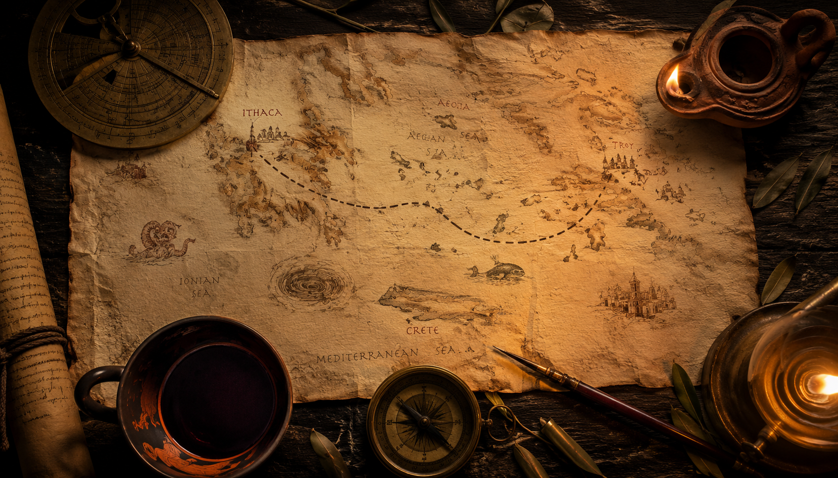 An ancient mariner's navigation chart showing the route from Troy to Ithaca