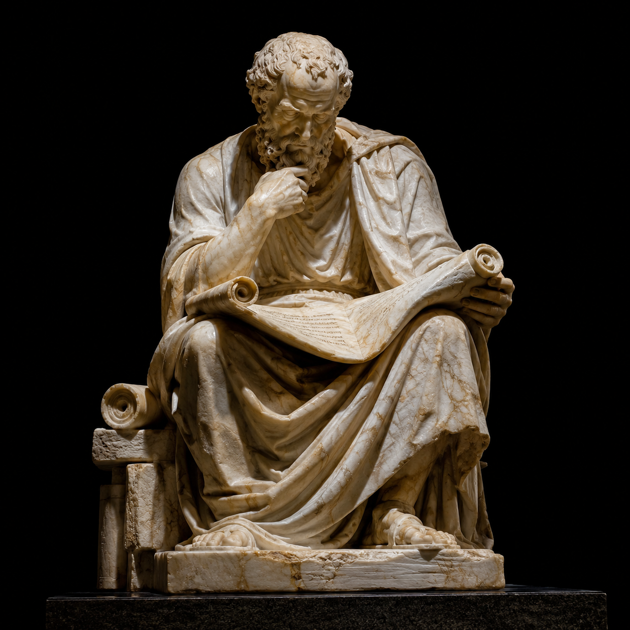 A weathered marble sculpture of an ancient Greek scholar studying a papyrus scroll