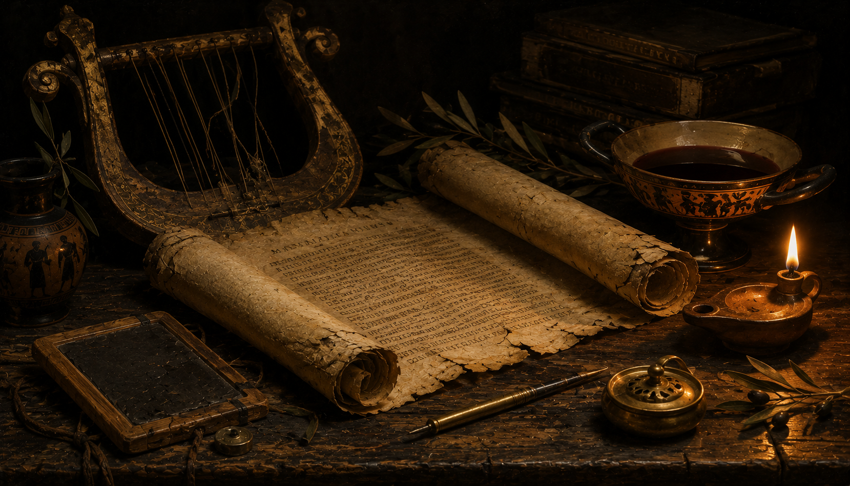 Ancient scrolls and instruments of the bardic tradition