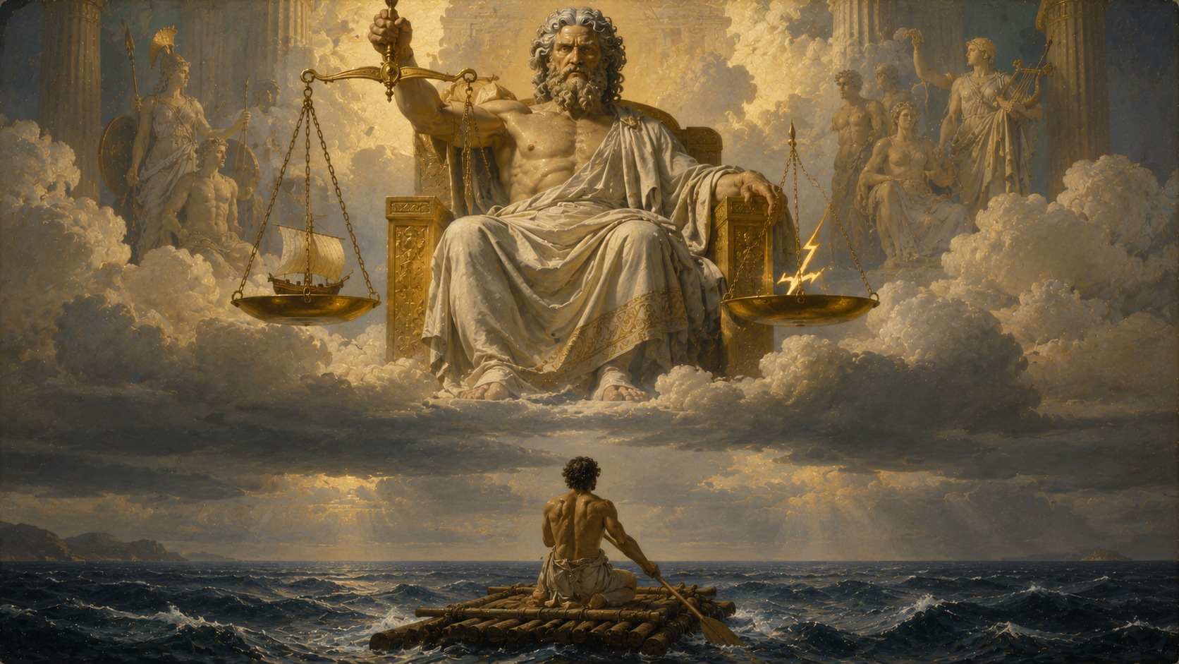 Zeus holding golden scales above a man on a raft