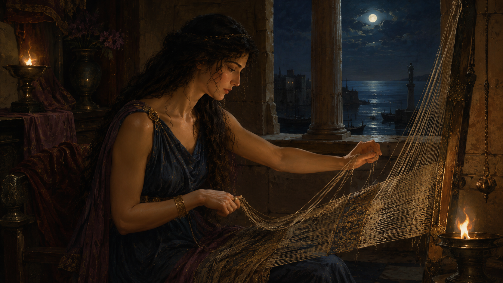 Penelope at her loom by candlelight