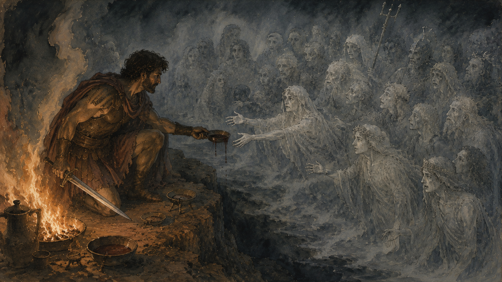 Odysseus descending into the realm of the dead