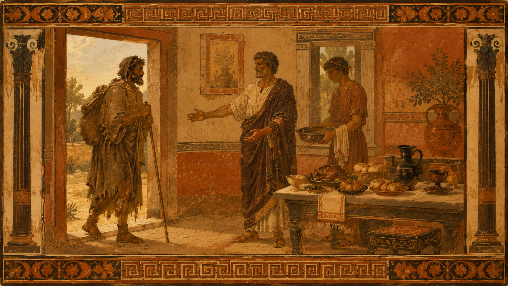A stranger welcomed at a Greek household threshold